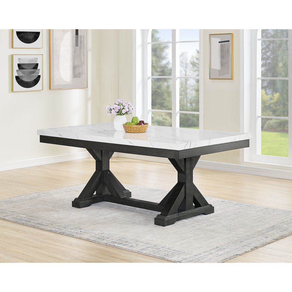 Faux Marble Top Dining Table With Rustic Grey Wood Base. Picture 3