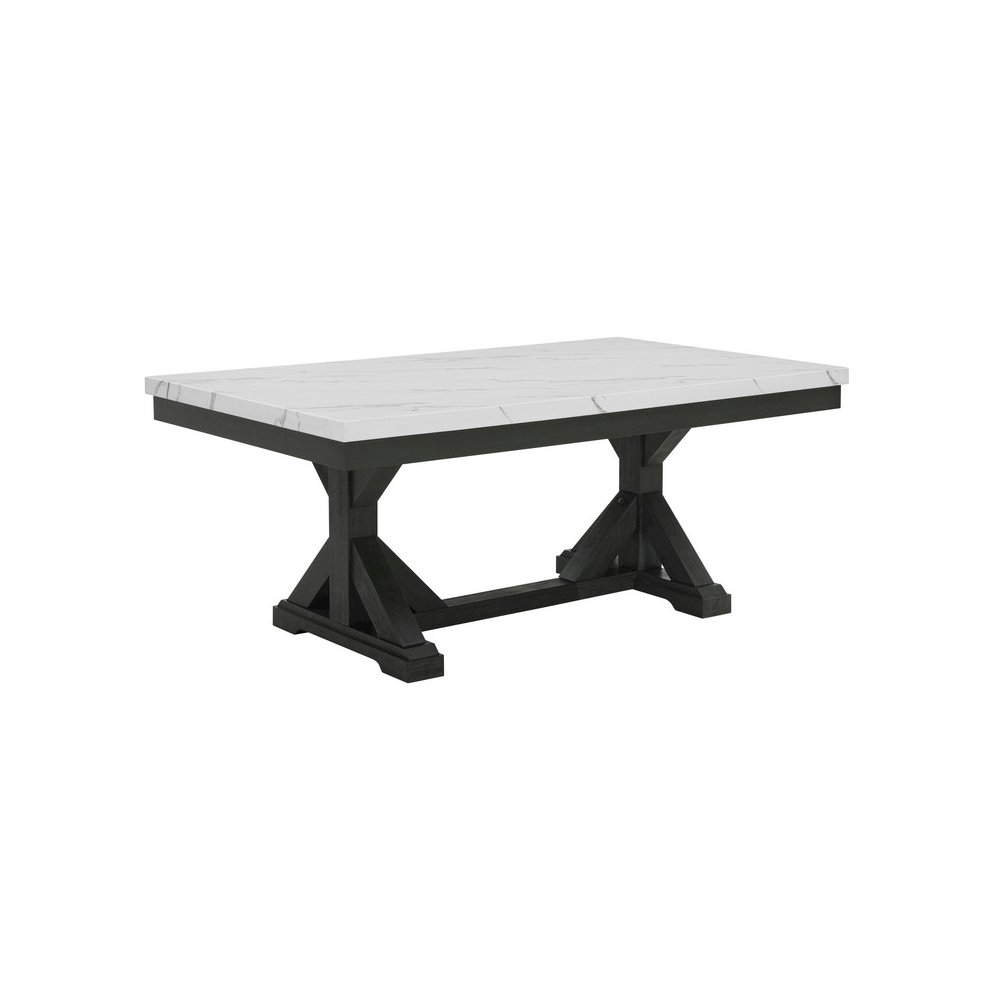 Faux Marble Top Dining Table With Rustic Grey Wood Base. Picture 1