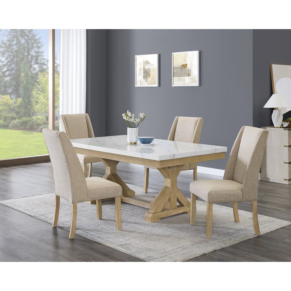 5Pc Fuax Marble Top Dining Set With 4 Beige Side Chairs. Picture 5