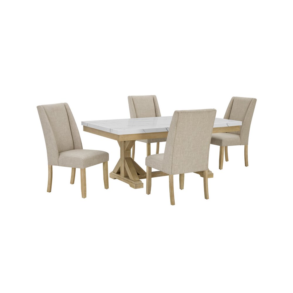 5Pc Fuax Marble Top Dining Set With 4 Beige Side Chairs. Picture 1