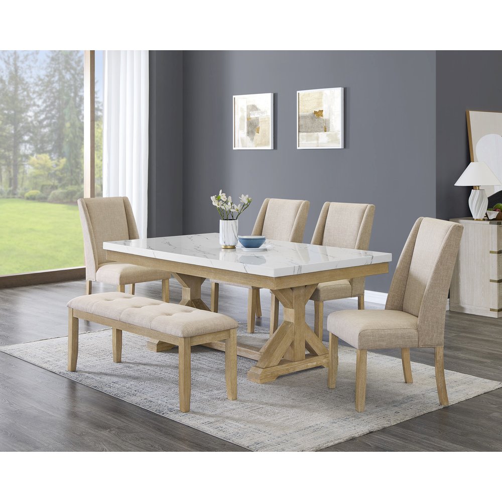 6Pc Fuax Marble Top Dining Set With 4 Beige Side Chairs And A Matching Bench. Picture 6
