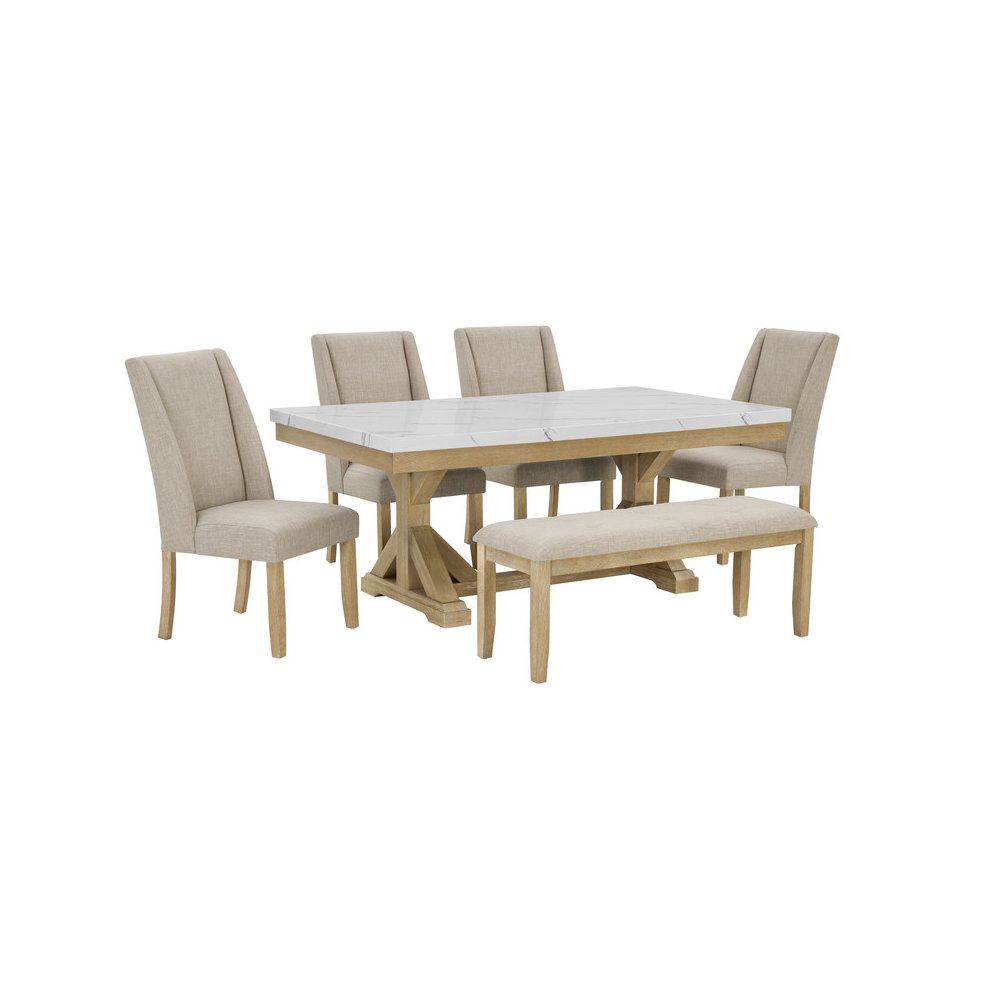 6Pc Fuax Marble Top Dining Set With 4 Beige Side Chairs And A Matching Bench. Picture 1