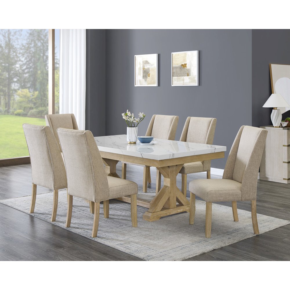 7Pc Fuax Marble Top Dining Set With 6 Beige Side Chairs. Picture 5
