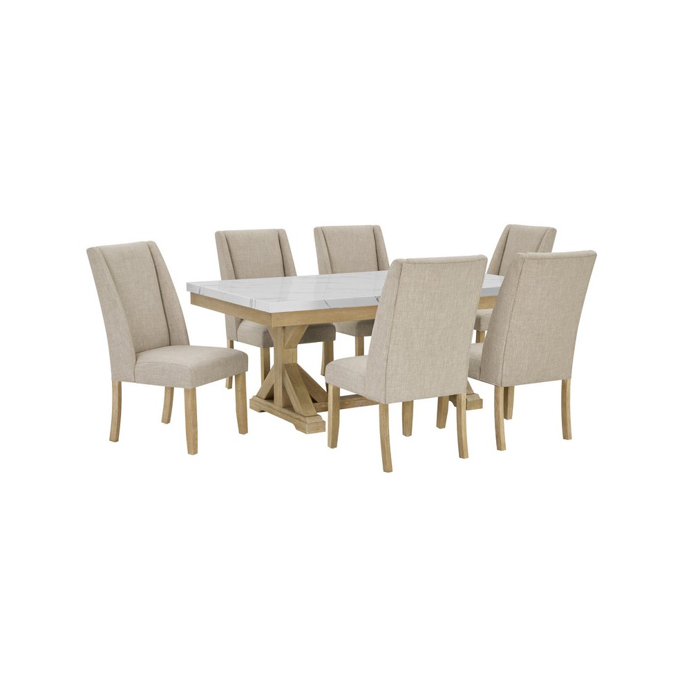 7Pc Fuax Marble Top Dining Set With 6 Beige Side Chairs. Picture 1