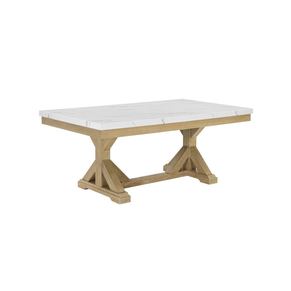 Faux Marble Top Dining Table With Rustic Beige Wood Base. Picture 1