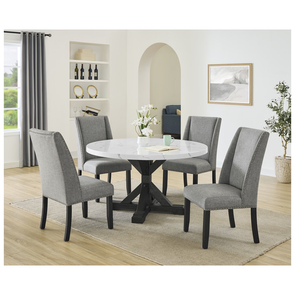 5Pc Faux Marble Table With 4 Rustic Gray Fabric Side Chairs. Picture 6