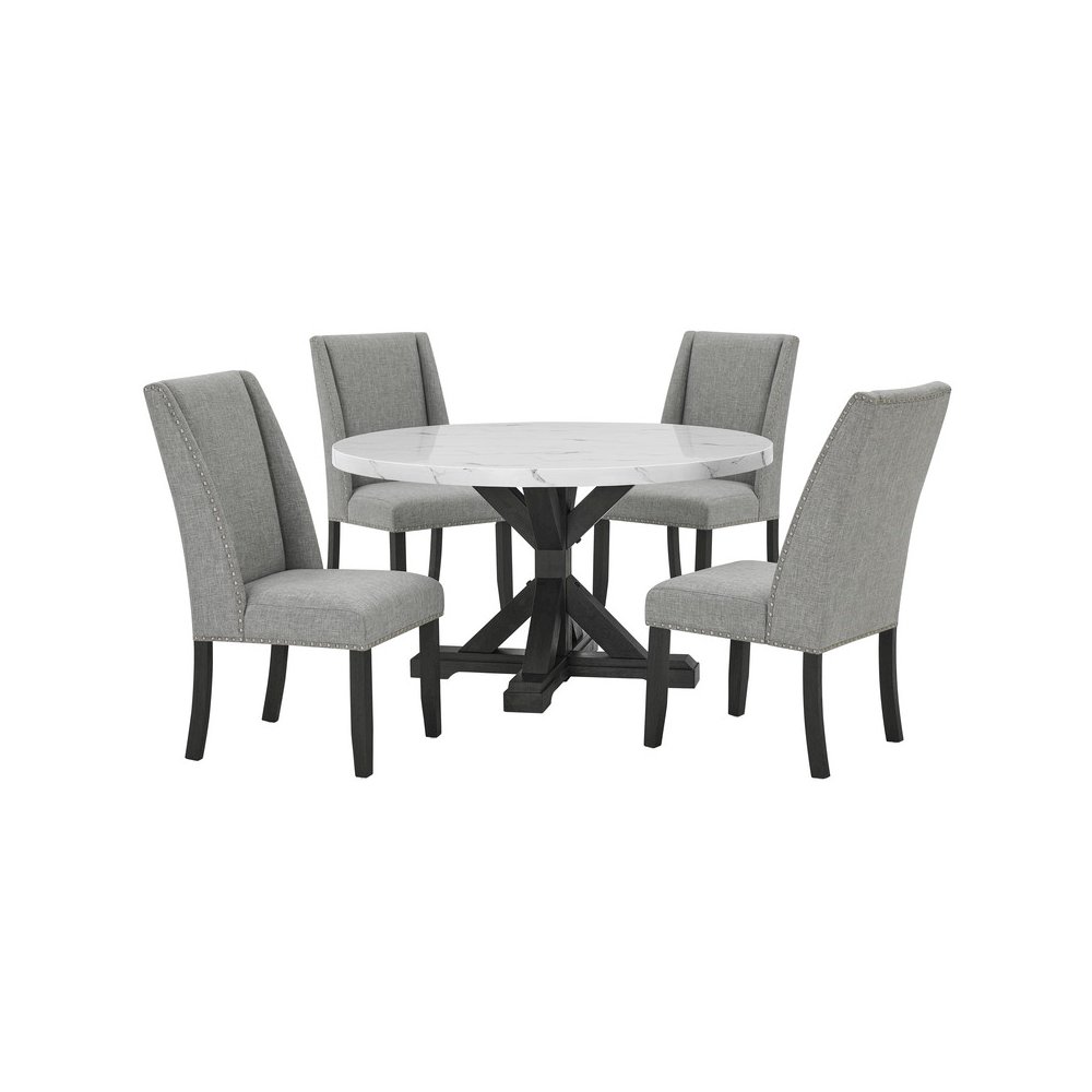 5Pc Faux Marble Table With 4 Rustic Gray Fabric Side Chairs. Picture 1