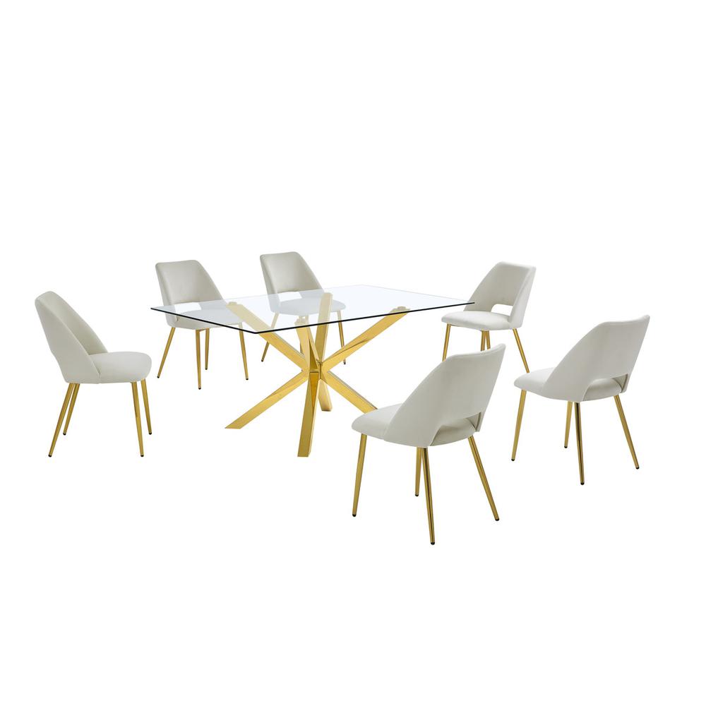 7pc modern glass dining table with 6 Cream side chairs. Picture 1