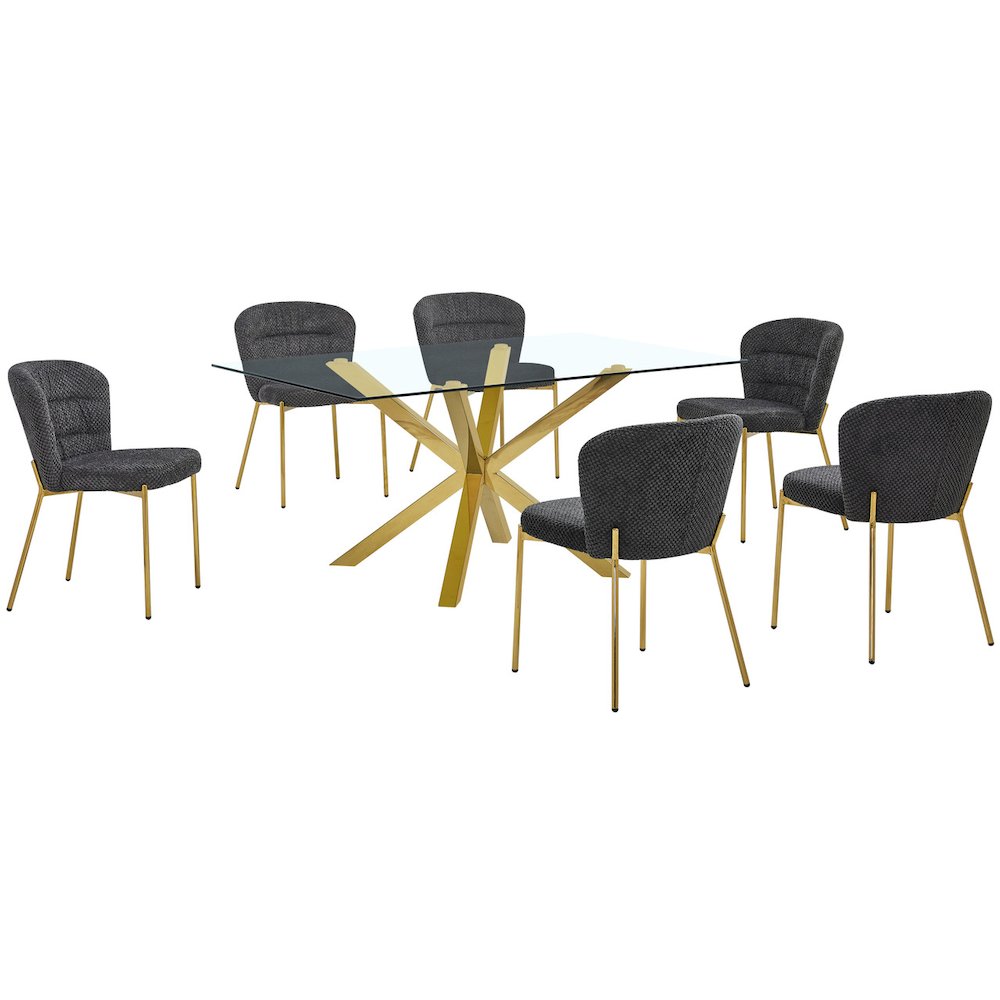 Rectangle Tempered Glass Dining Table With 6 Dark Grey Side Chairs. Picture 1