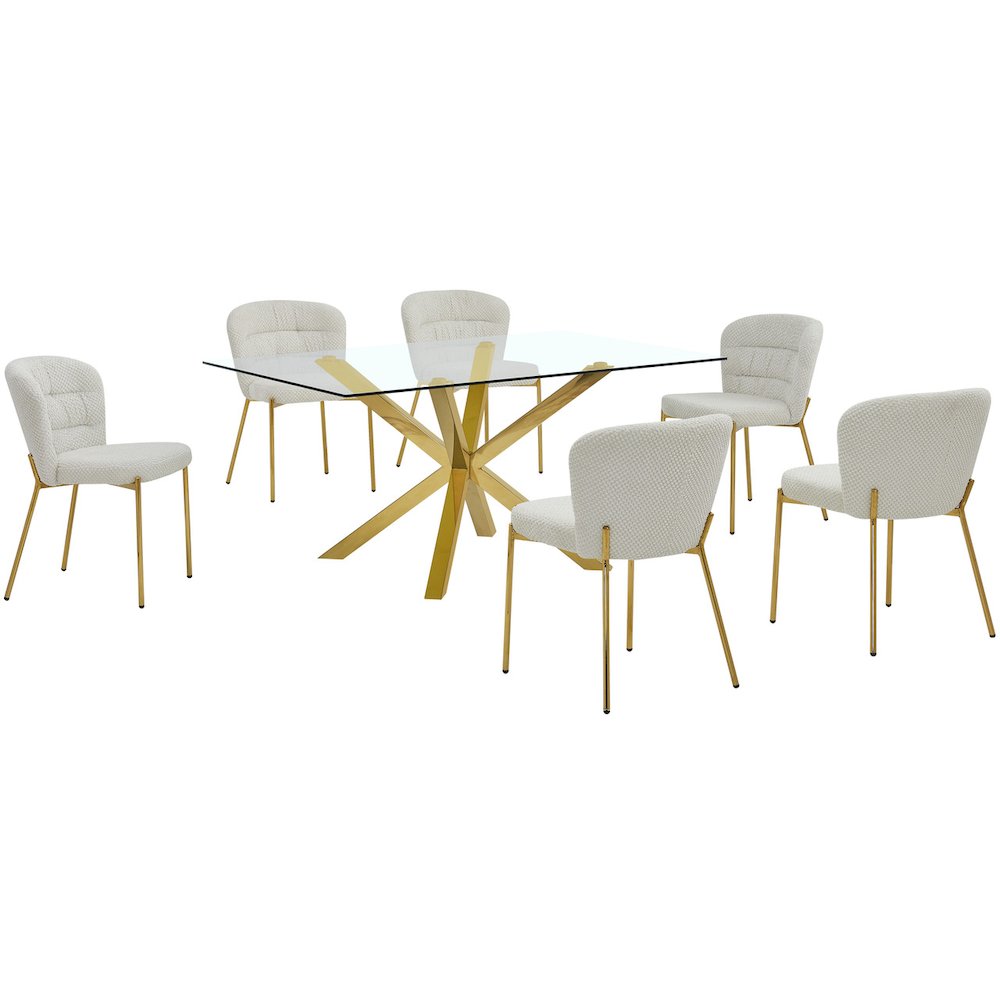Rectangle Tempered Glass Dining Table With 6 Cream Side Chairs. Picture 1