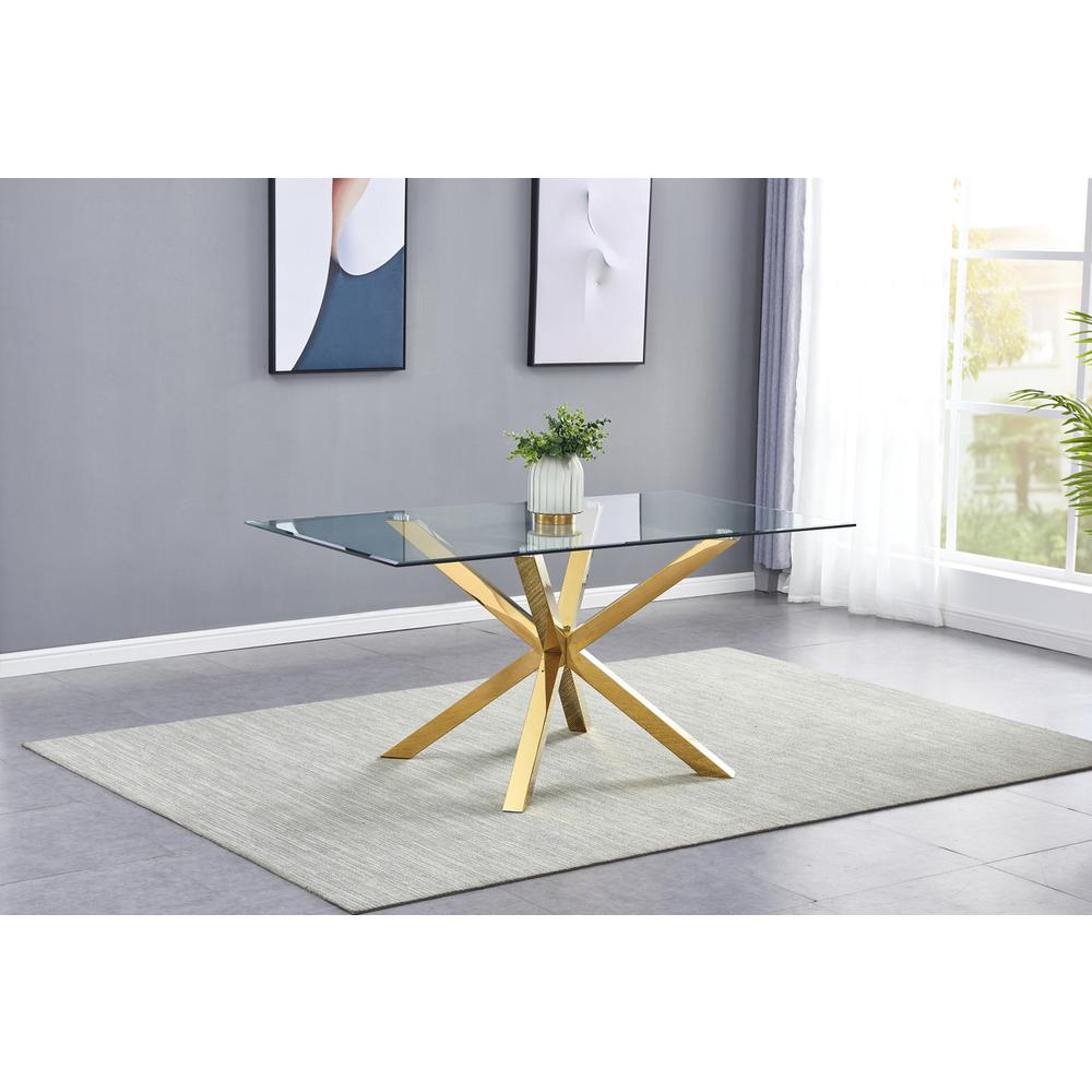 7 Piece Glass dinning Table Set with 6 White Faux Leather Chairs/ Gold Stainless Steel legs. Picture 2