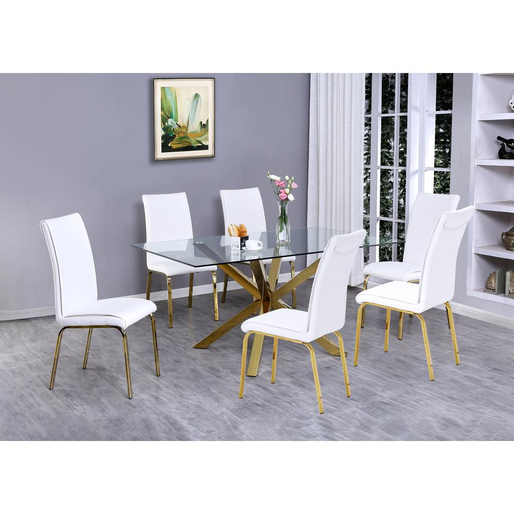 7 Piece Glass dinning Table Set with 6 White Faux Leather Chairs/ Gold Stainless Steel legs. Picture 1