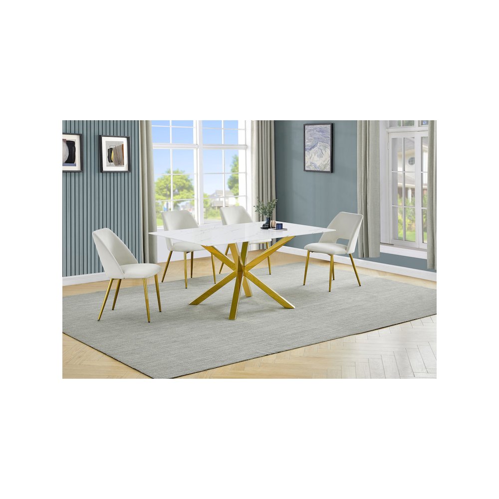 Best Quality Furniture Glass With White Marble Wrap Dining Set And Cream Chairs. Picture 2