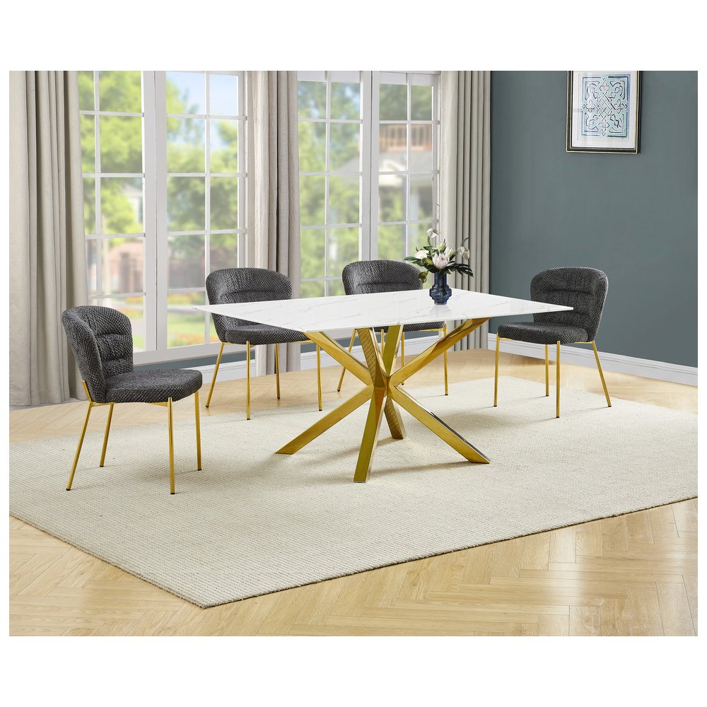 Rectangle White Marble Wrap Glass Dining Table With 4 Dark Grey Side Chairs. Picture 2