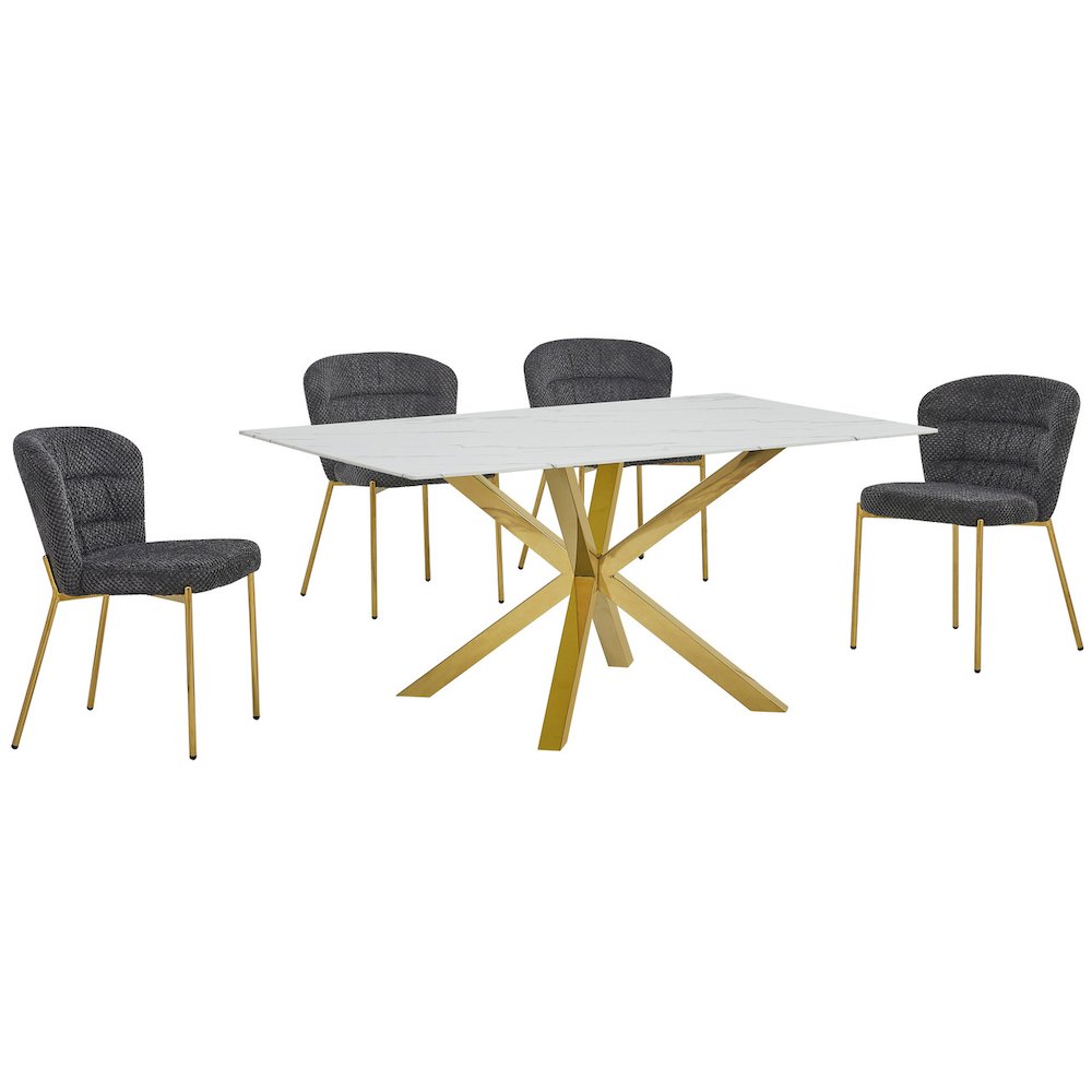 Rectangle White Marble Wrap Glass Dining Table With 4 Dark Grey Side Chairs. Picture 1
