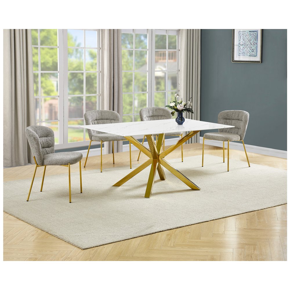 Rectangle White Marble Wrap Glass Dining Table With 4 Grey Side Chairs. Picture 2