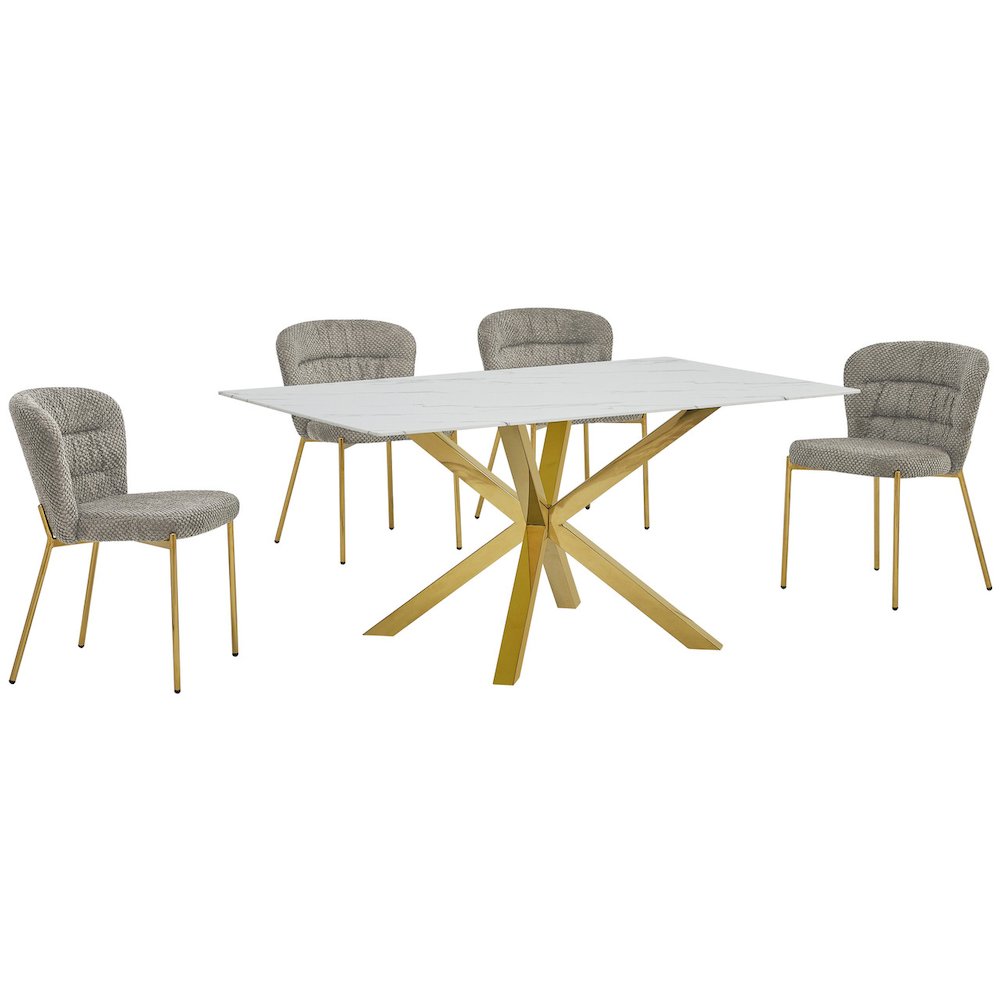 Rectangle White Marble Wrap Glass Dining Table With 4 Grey Side Chairs. Picture 1