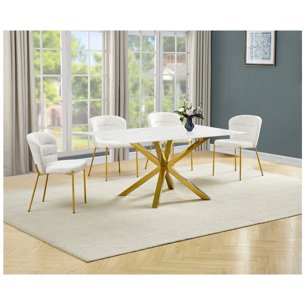 Rectangle White Marble Wrap Glass Dining Table With 4 Cream Side Chairs. Picture 2
