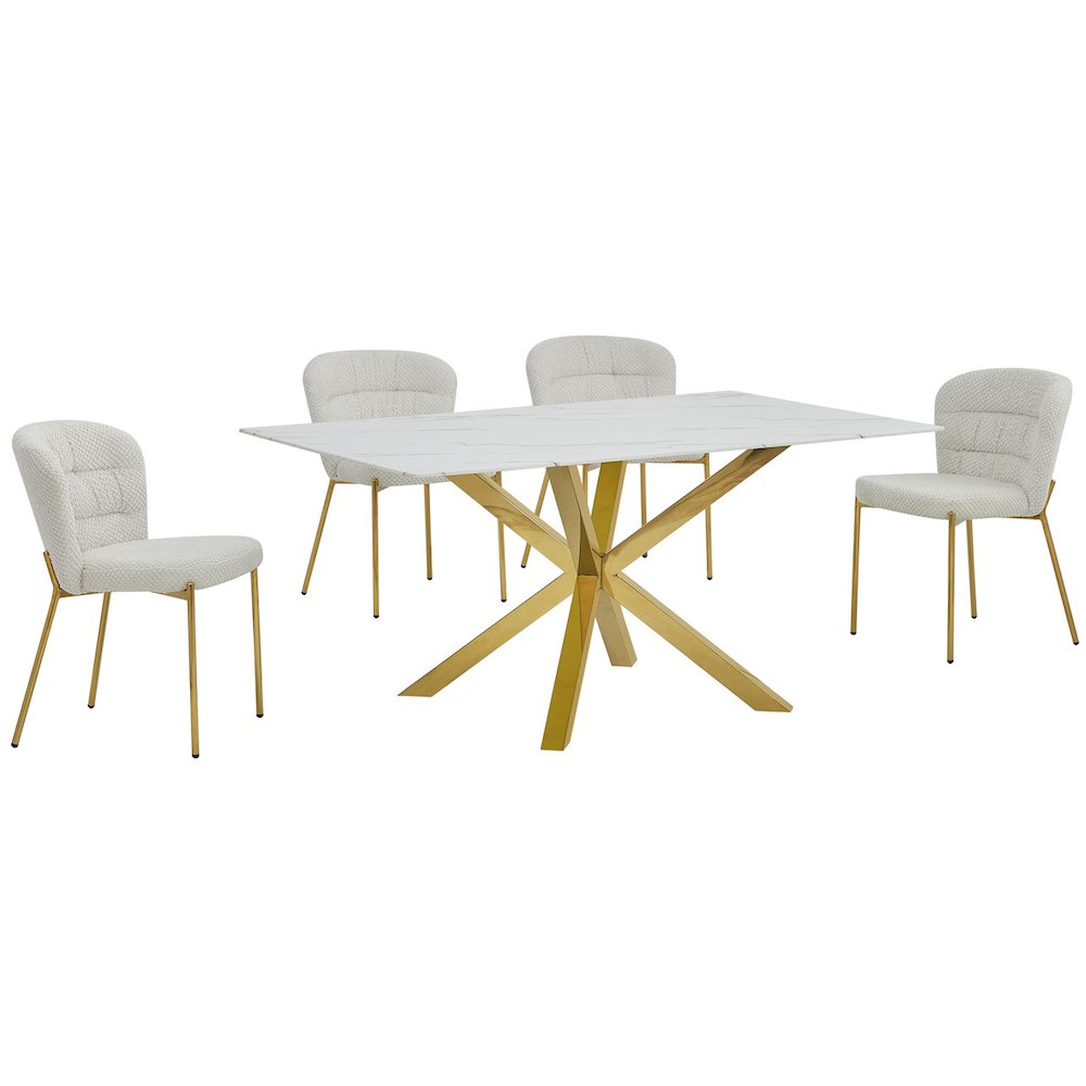 Rectangle White Marble Wrap Glass Dining Table With 4 Cream Side Chairs. Picture 1