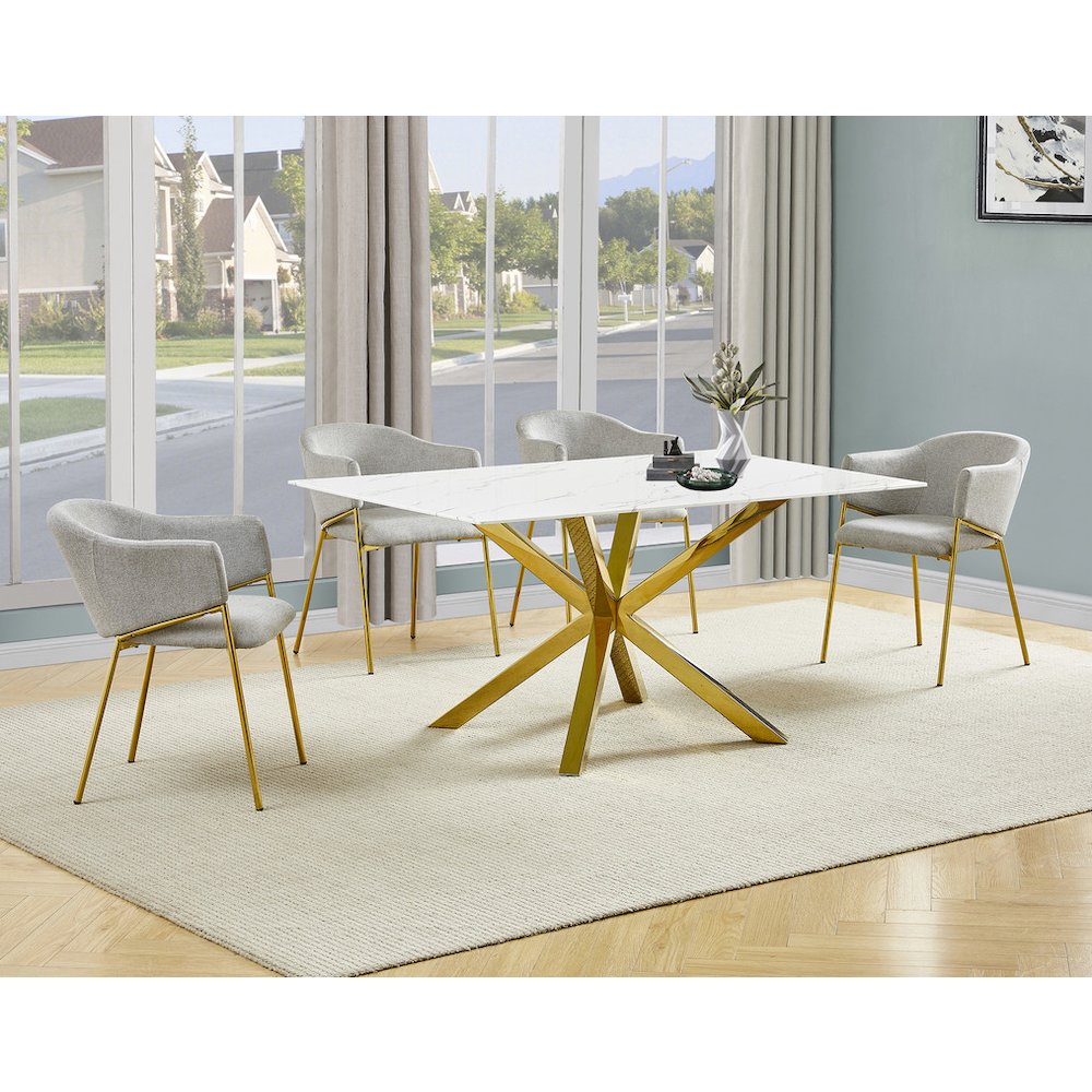5Pc Rectangle Marble Wrap Tempered Glass Dining Table 4 Linen Gray Side Chairs. Picture 2