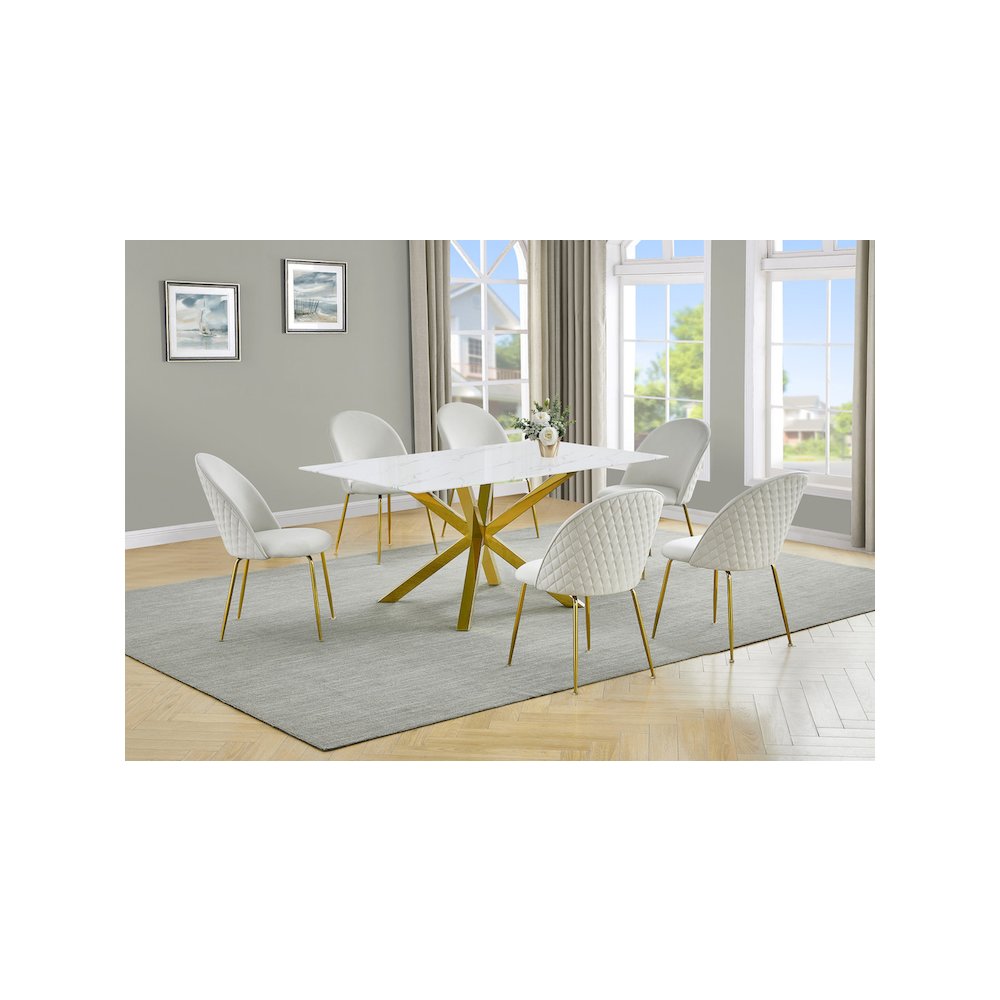 Best Quality Furniture Glass With White Marble Wrap Dining Set And Cream Chairs. Picture 2