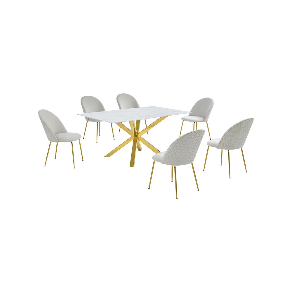 Best Quality Furniture Glass With White Marble Wrap Dining Set And Cream Chairs. Picture 1