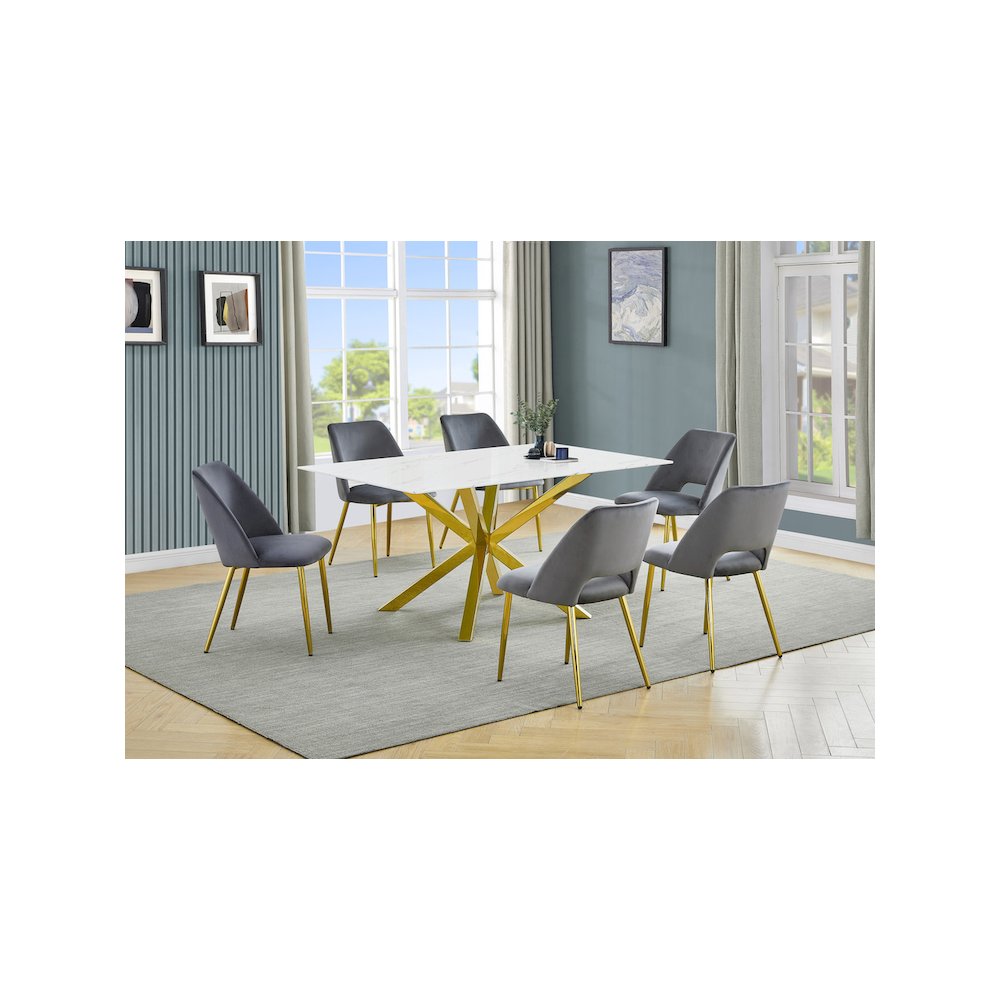 Best Quality Furniture Glass With White Marble Wrap Dining Set And Gray Chairs. Picture 2