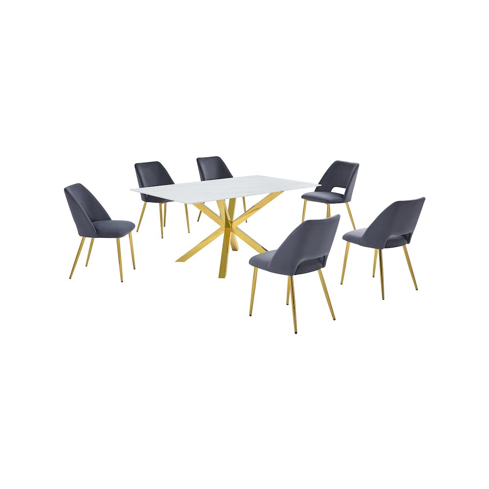 Best Quality Furniture Glass With White Marble Wrap Dining Set And Gray Chairs. Picture 1