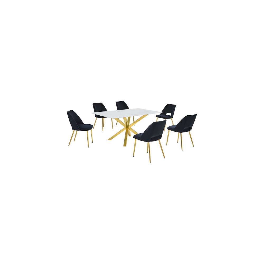 Best Quality Furniture Glass With White Marble Wrap Dining Set And Black Chairs. Picture 1