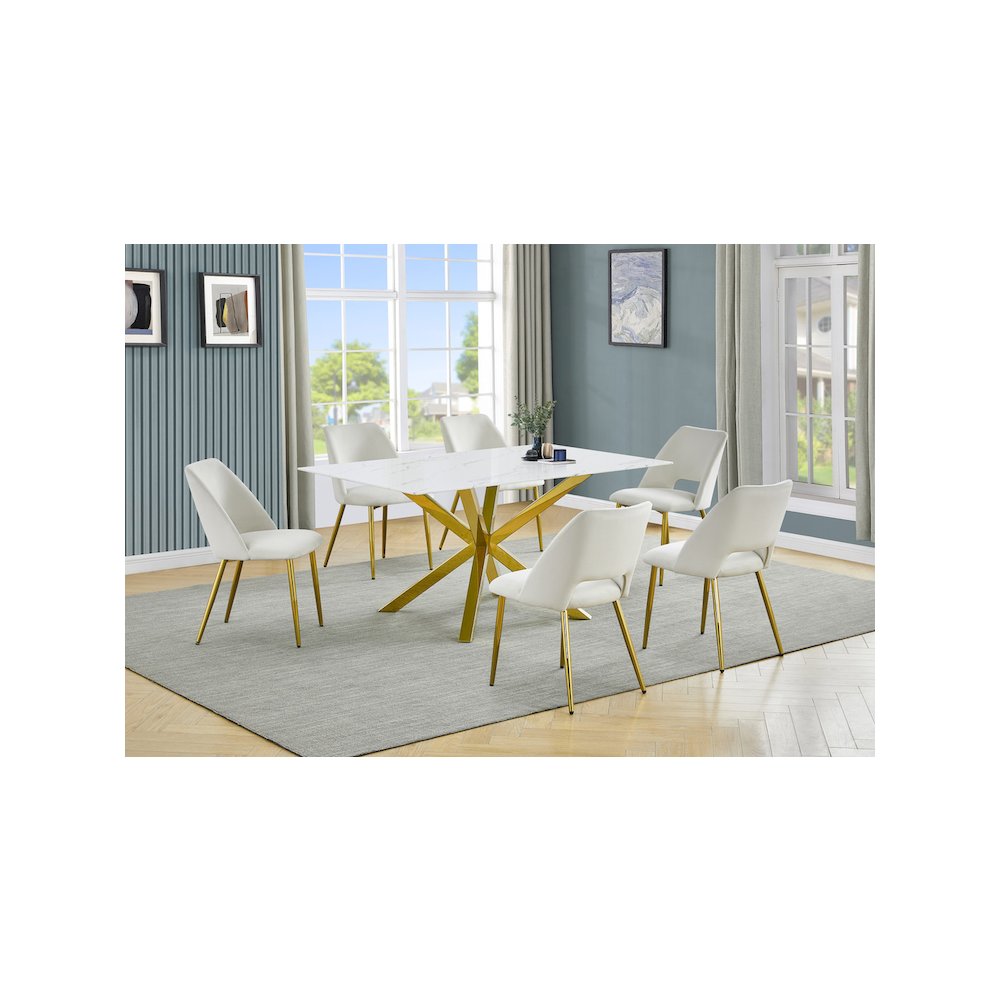 Best Quality Furniture Glass With White Marble Wrap Dining Set And Cream Chairs. Picture 2