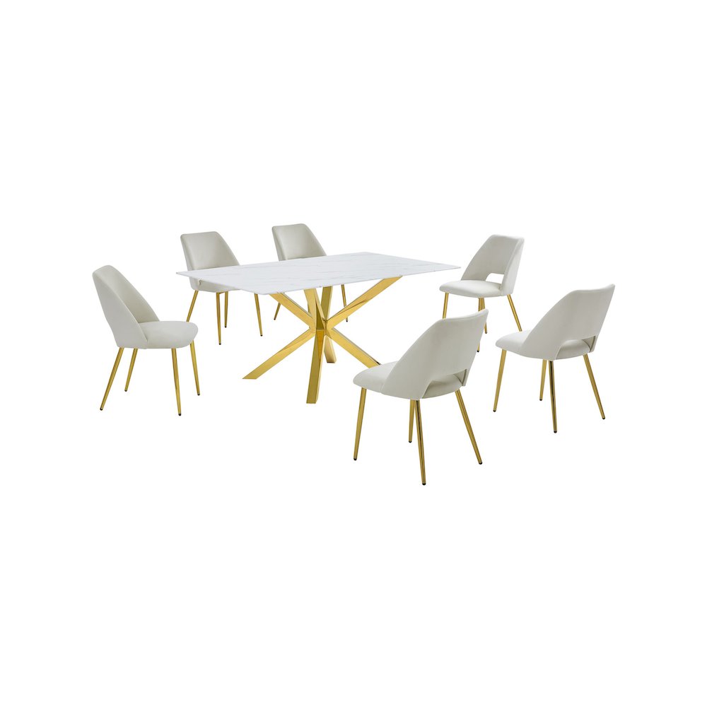 Best Quality Furniture Glass With White Marble Wrap Dining Set And Cream Chairs. Picture 1