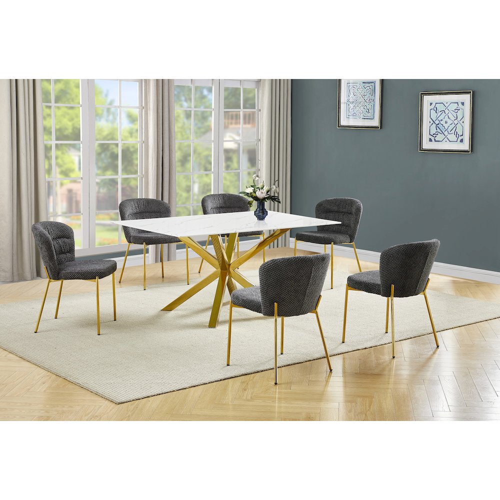 Rectangle White Marble Wrap Glass Dining Table With 6 Dark Grey Side Chairs. Picture 2