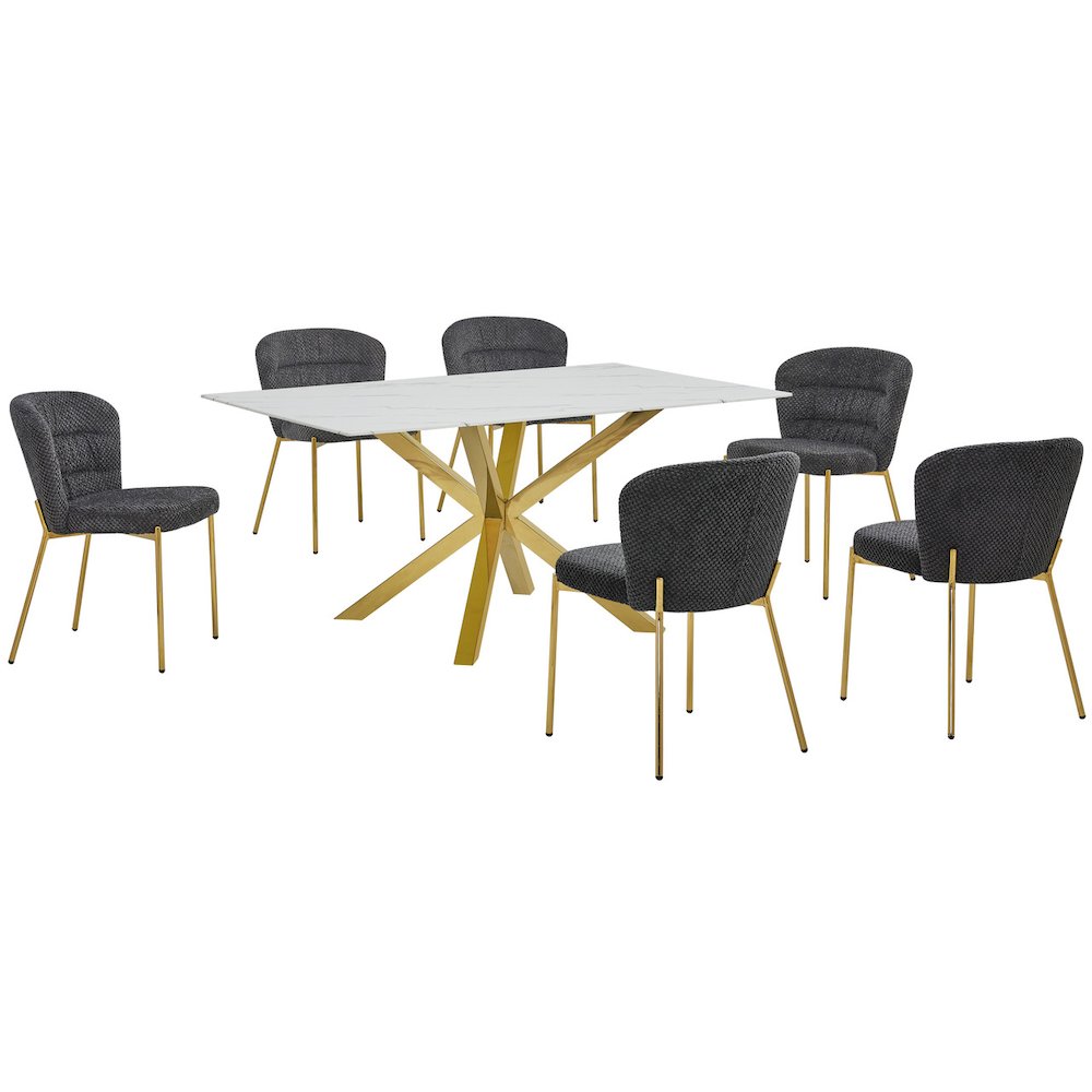 Rectangle White Marble Wrap Glass Dining Table With 6 Dark Grey Side Chairs. Picture 1