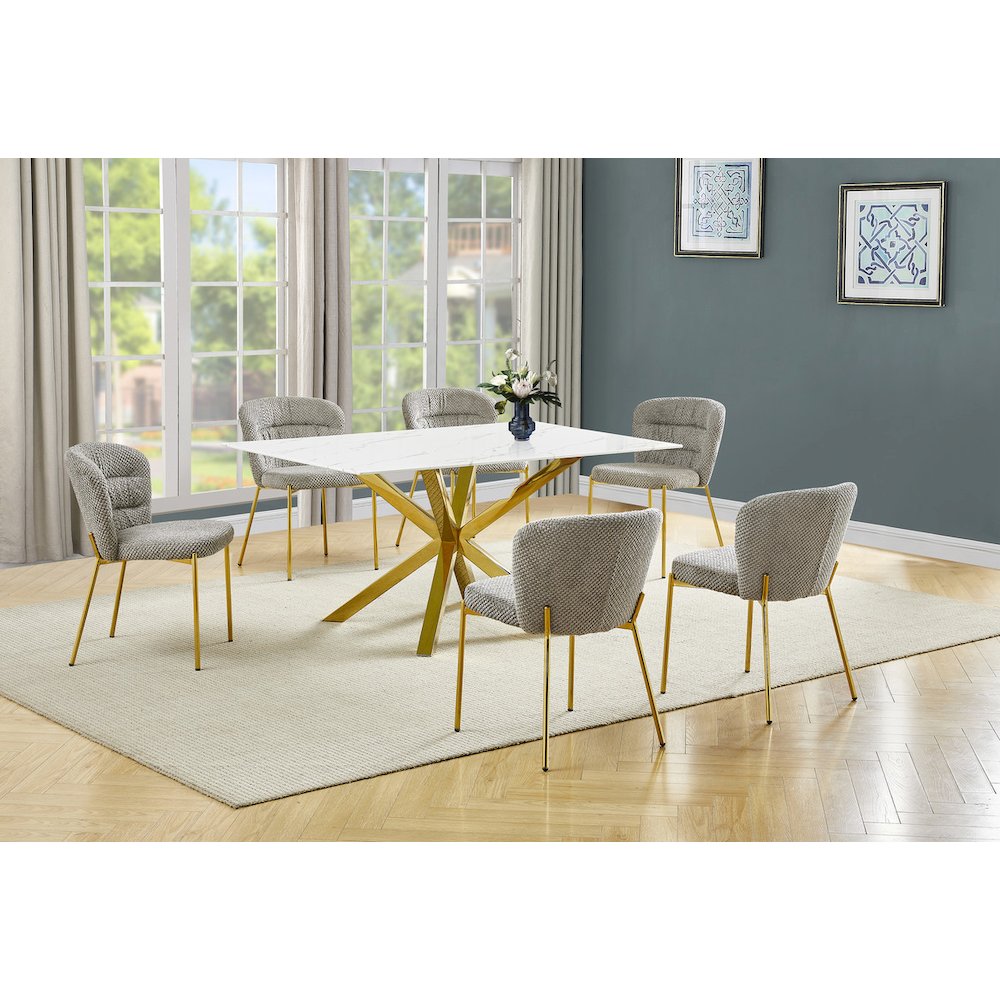 Rectangle White Marble Wrap Glass Dining Table With 6 Grey Side Chairs. Picture 2