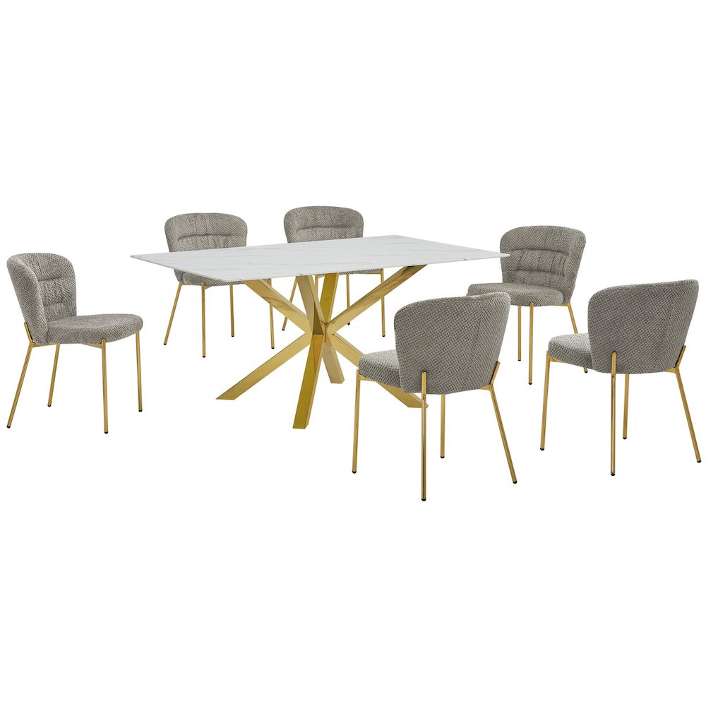 Rectangle White Marble Wrap Glass Dining Table With 6 Grey Side Chairs. Picture 1