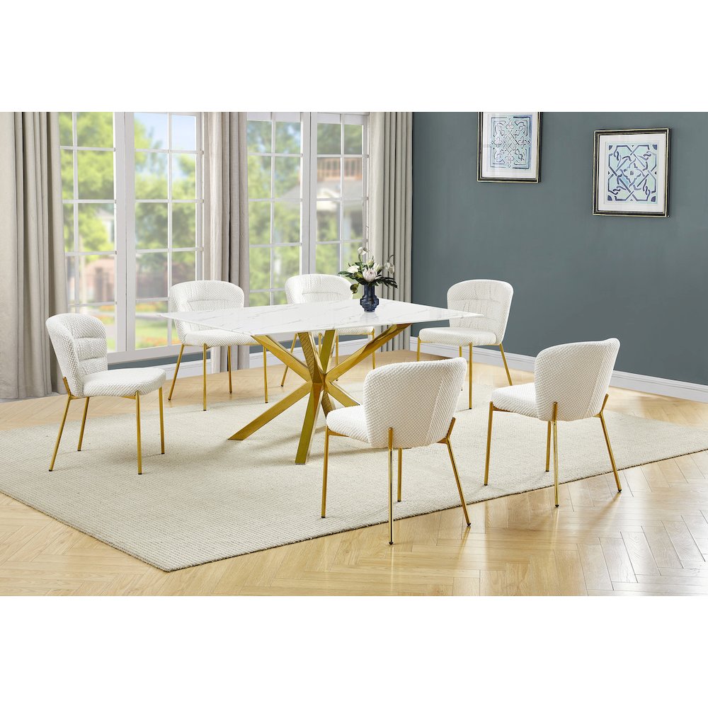 Rectangle White Marble Wrap Glass Dining Table With 6 Cream Side Chairs. Picture 2