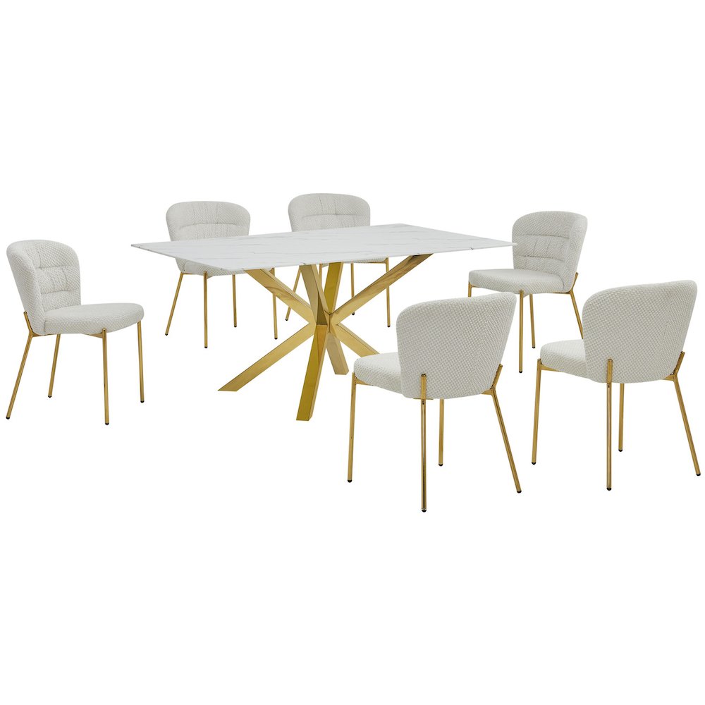 Rectangle White Marble Wrap Glass Dining Table With 6 Cream Side Chairs. Picture 1