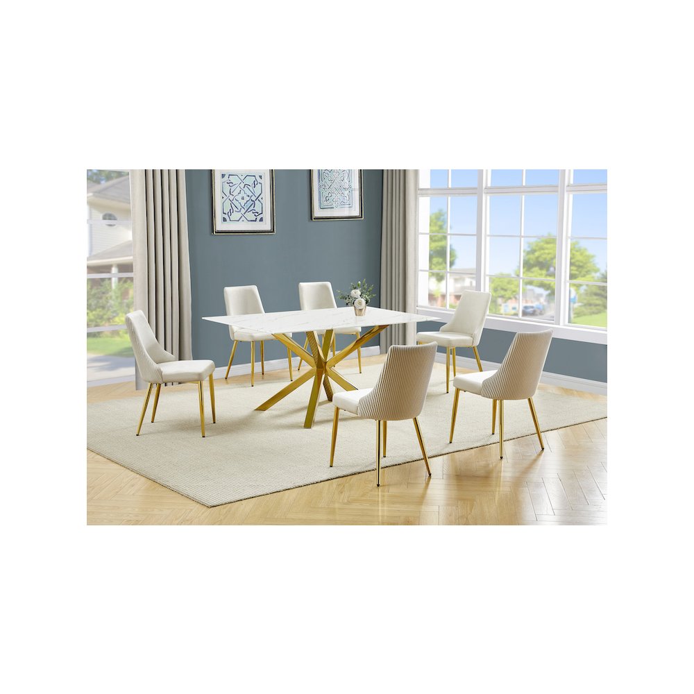 Best Quality Furniture White Marble Wrap Glass Dining Set With Velvet Chairs. Picture 2