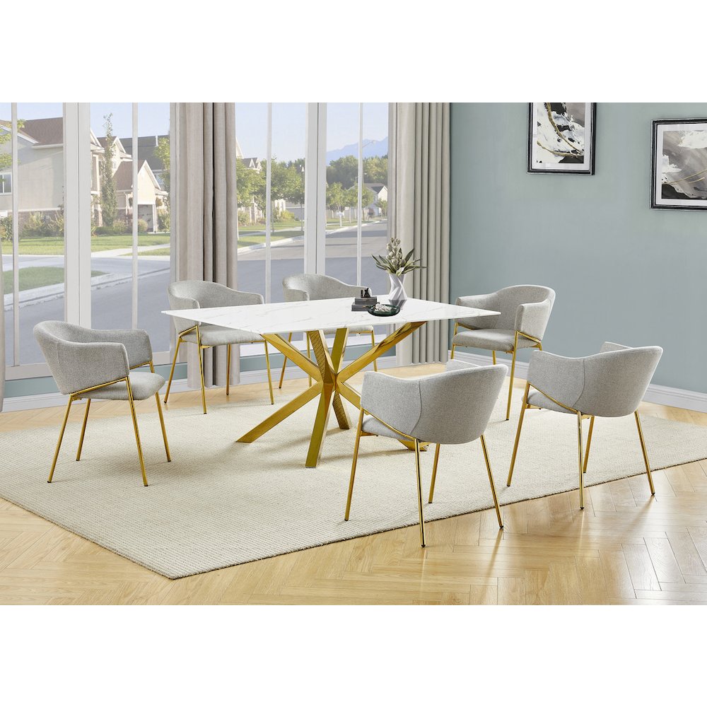 7Pc Rectangle Marble Wrap Tempered Glass Dining Table 6 Linen Gray Side Chairs. Picture 2
