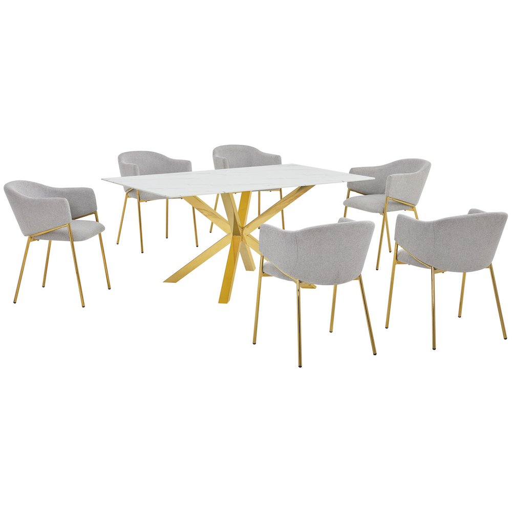 7Pc Rectangle Marble Wrap Tempered Glass Dining Table 6 Linen Gray Side Chairs. Picture 1