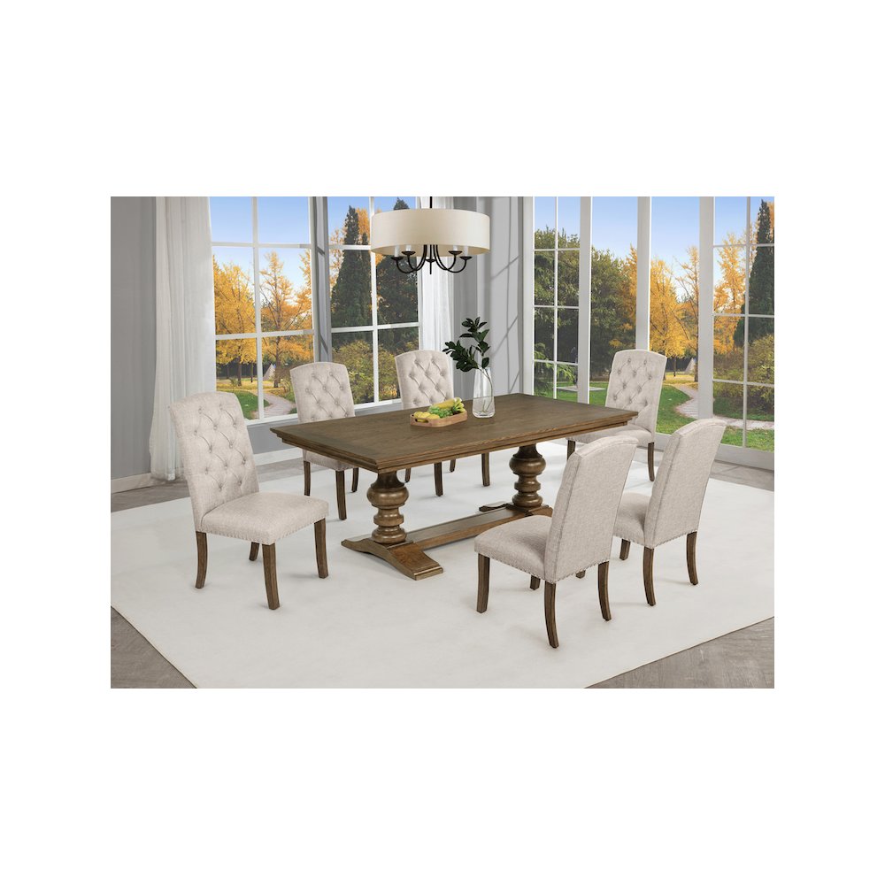 Traditional Dinging Set With 6 Beige Side Chairs And One 72" Wood Dining Table. Picture 6