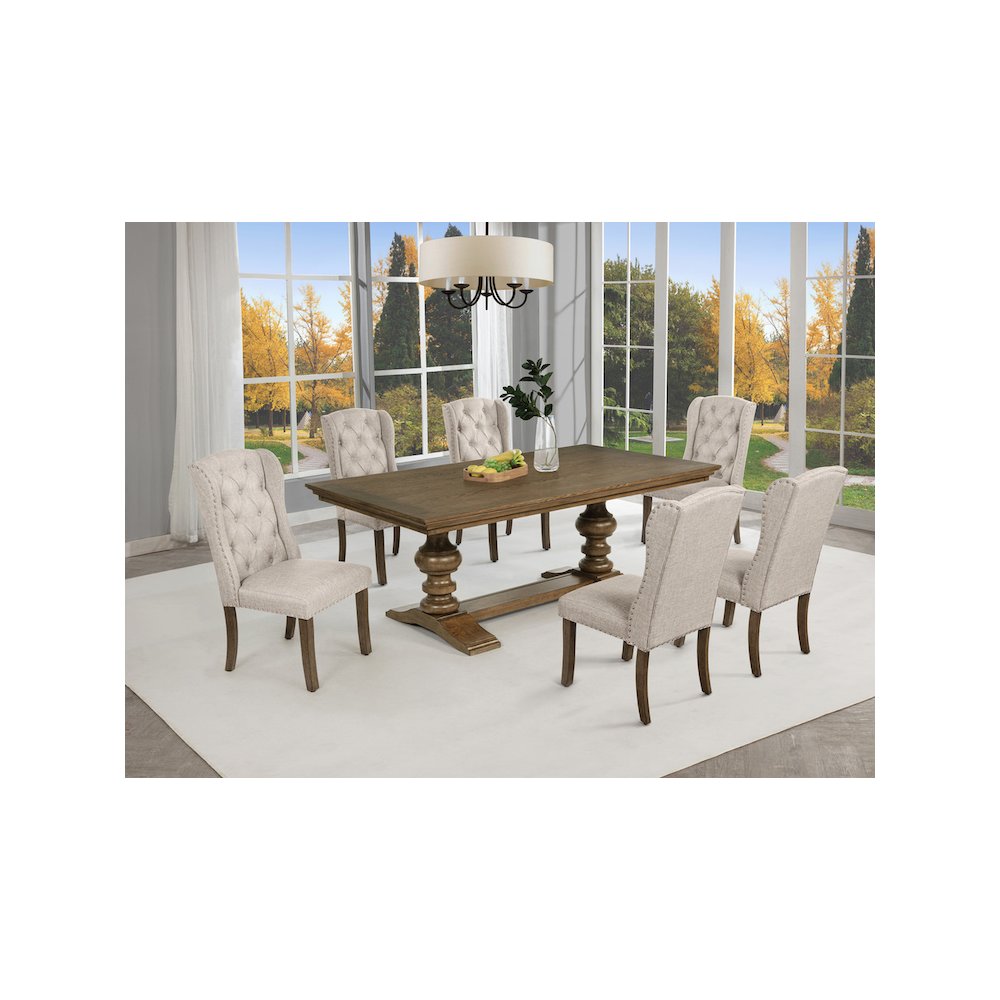 Traditional Dinging Set With 6 Beige Side Chairs And One 72" Wood Dining Table. Picture 6
