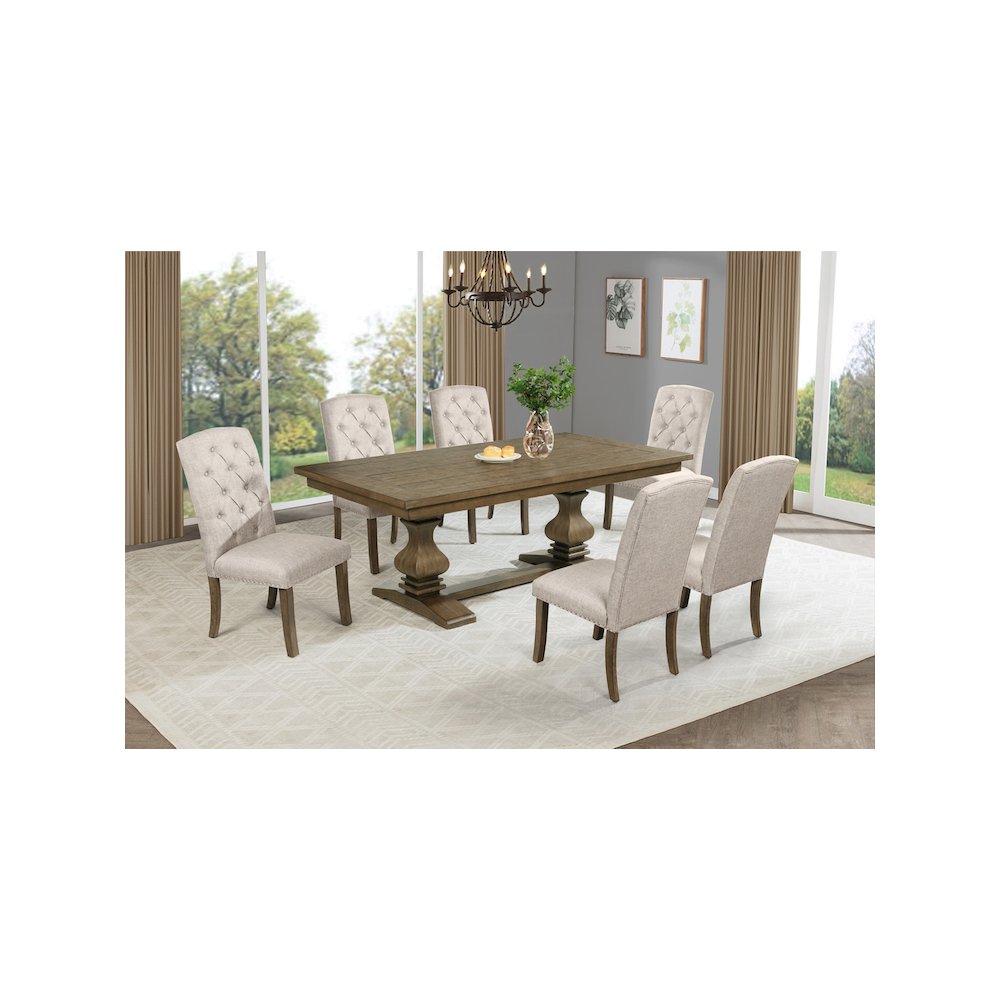 7 Piece Traditional Dining Set With Beige Side Chairs. Picture 6