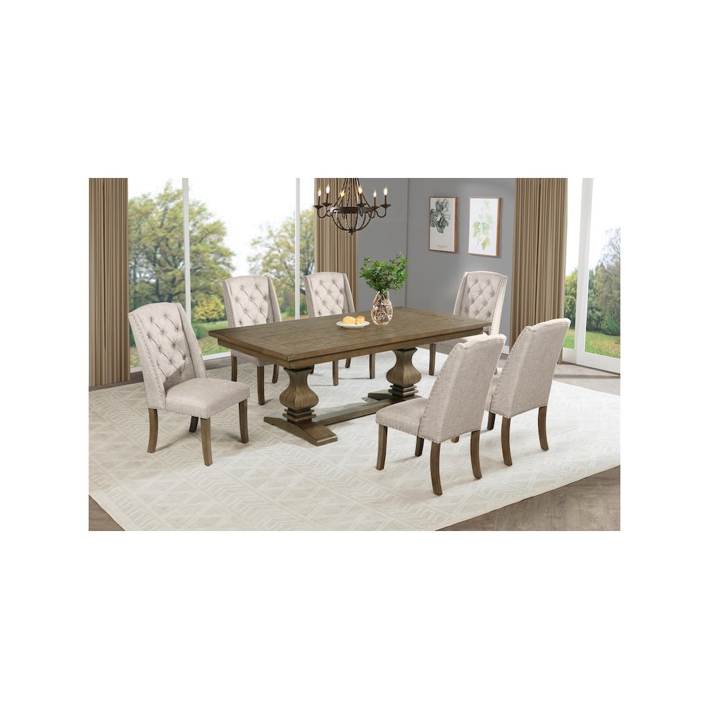 7 Piece Traditional Dining Set With Beige Side Chairs. Picture 6