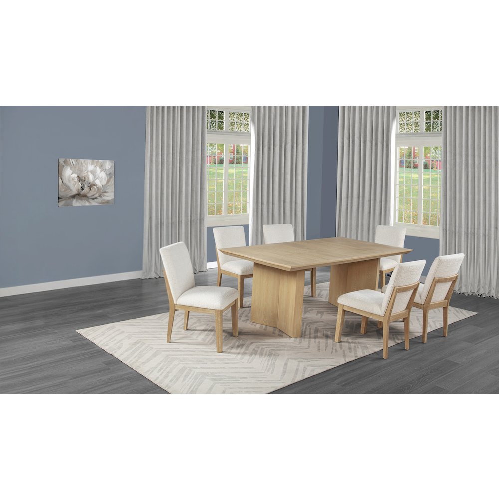 7pc Lighjt Oak Natural Finish Cream Linen Fabric Chairs Dining Set. Picture 2
