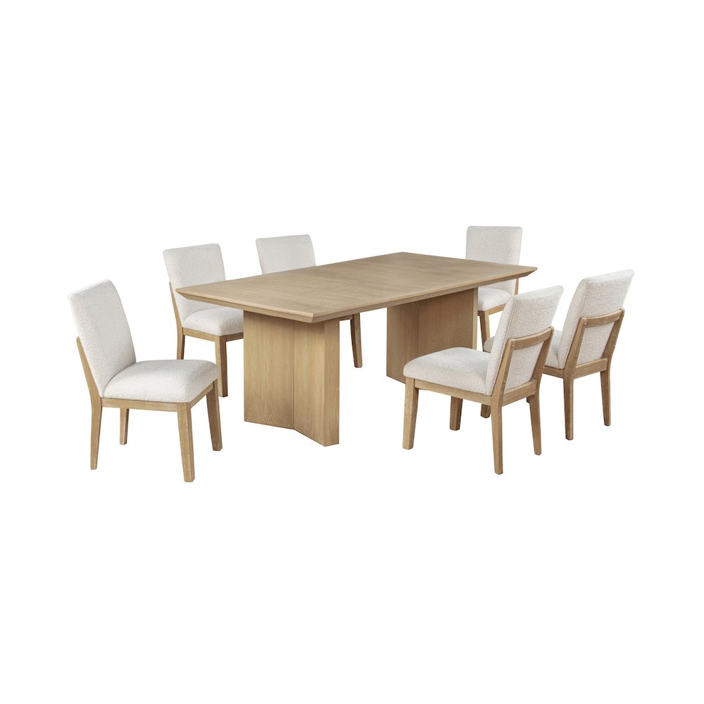 7pc Lighjt Oak Natural Finish Cream Linen Fabric Chairs Dining Set. Picture 1