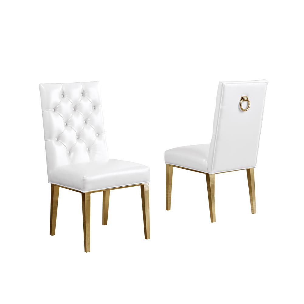 Gold Tempered Glass 7 Piece Dining Set Ring Chairs in White Faux Leather. Picture 2