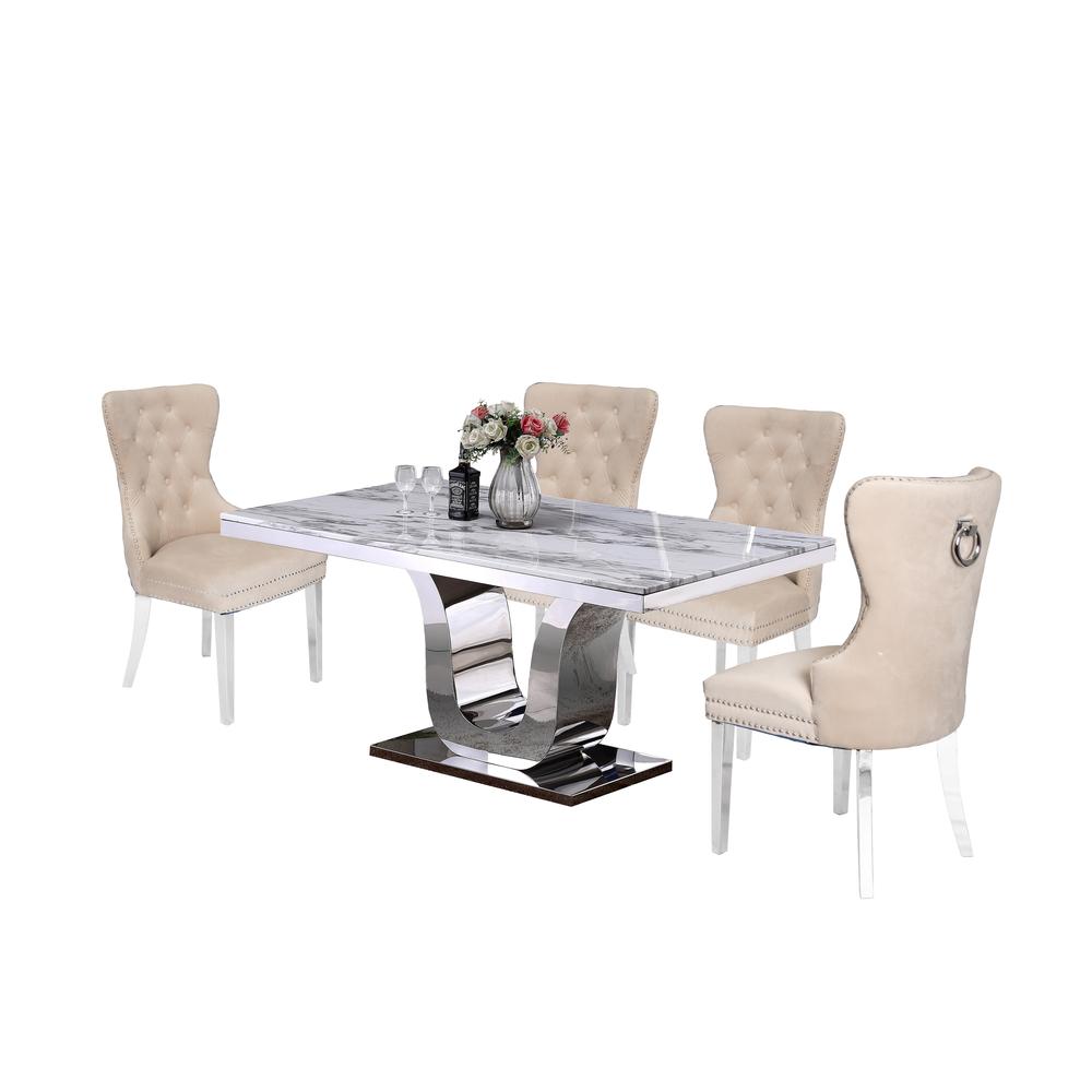 White Marble 5pc Set Tufted Wingback Chairs in Cream Velvet. Picture 2