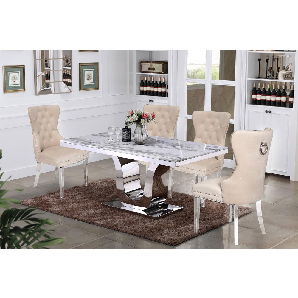 White Marble 5pc Set Tufted Wingback Chairs in Cream Velvet. Picture 1