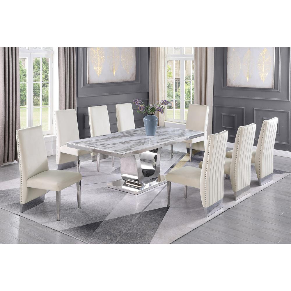 White Marble 9pc Set Pleated Chairs in Beige Velvet. Picture 1